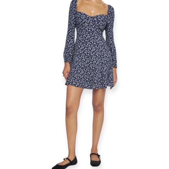 Reformation Mochi Floral-Print Long Sleeve Square Neck Mini-Dress Blue Size 6 - Picture 1 of 12